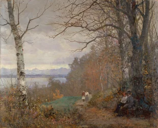 Paisagem de um lago arborizado com figuras sentadas num banco (óleo sobre tela)