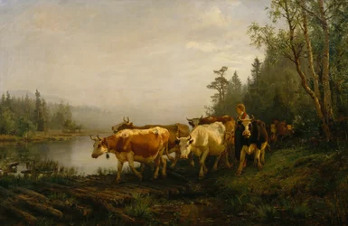 Dairymaid pelo lago da floresta
