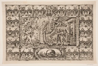Sophie Brockenhuus e quatro gênios, cercados por escudos. Do sermão fúnebre
