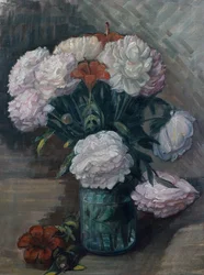 Peónias e daylilies (óleo sobre tela)