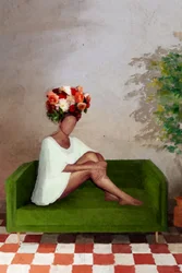 Mulher com padrão floral no sofá