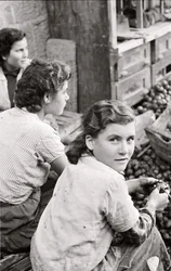 O sorriso de uma jovem rapariga a descascar nozes, Quaglino, Nápoles, Itália, c.1955 (fotografia a preto e branco)