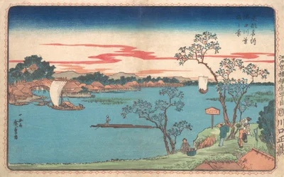 Uma vista de cerejeiras em folha ao longo do rio Sumida, 1831., 1831.