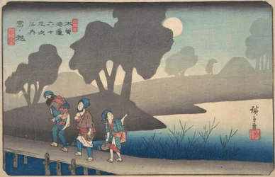 Noite enluarada em Miyanokoshi, das sessenta e nove estações do Kisokaido, ca. 1838., c. 1838.