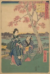 Vista da flor de ameixa no terceiro mês no rio Sumida da série Annual Events at F..., 1854.