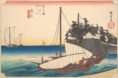 Estação Quarenta e Três: Kuwana, Seven-Ri Ferry no Porto, da Fifty-Three Stati..., ca. 1833-34.