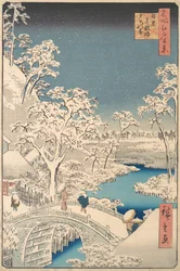 A Ponte do Tambor Taiko e o Monte Yuhi em Meguro, 1857., 1857.