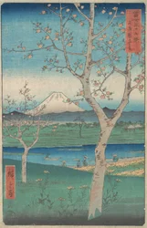 Vista do Monte Fuji de Koshigaya, Província de Musashi Musashi, Kos..., 4º mês, Cavalo ano 1858.