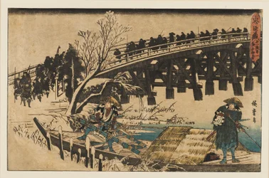 Gravura em xilogravura - Dois homens num barco debaixo de uma ponte, 1797-1858