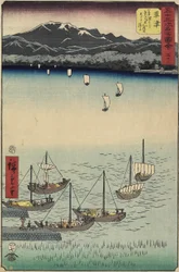 53, barcos à vela no portão de ferry Yabase na praia de Kusatsu, Kusatsu, 1855