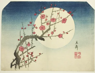 Um ramo de ameixa vermelha contra a Lua de Verão, c.1840 (impressão em bloco de madeira a cores; uchiwa-e)