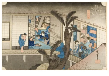 Akasaka: Estalagem com empregadas domésticas da série As cinquenta e três estações do Tokaido, c.1831-1834 (xilogravura sobre papel)