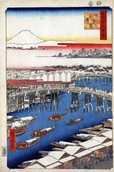 ""Cem vistas famosas de Edo""(atual Tóquio): Nihonbashi ou Ponte Nihombashi, limpa após a queda de neve. Vista da cidade de Tóquio no Japão com o Monte Fuji ao fundo. (Clearing Weather após a neve na ponte Nihon (Cem vistas famosas de Edo).