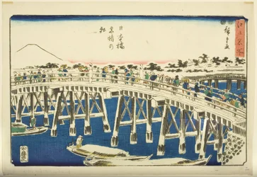 Clear Morning after Snow at Nihonbashi Bridge (Nihonbashi yukibare no asa) (impressão em bloco de madeira colorida)