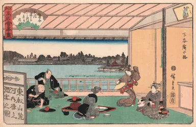 Festa de Bebida num Restaurante de Ando Hiroshige