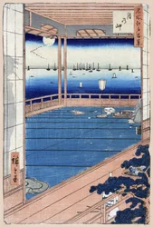 Impressão japonesa: Moonlight. Luz da Lua. Cem Vistas Famosas de Edo. Obra de Utagawa Hiroshige (1797-1858), xilogravura
