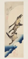 Geese Flying across Full Moon (impressão em bloco de madeira a cores)