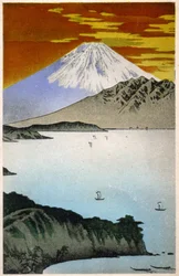 Geografia. Japão. Nascer do Sol no Monte Fuji. Madeira cortada por Hiroshige em: Cinquenta e Três Estações do Tokaido (1833-1834). Postcard, Japão, c.1900 (cartão postal)