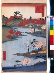 Jardim Aberto no Santuário Hachiman em Fukagawa (Cem Vistas Famosas de Edo) - por Utagawa Hiroshige (1797-1858), estampa japonesa, ca. 1858 - (Jardim Aberto no Santuário Hachiman em Fukagawa (Cem Vistas Famosas de Edo), talha colorida por Hiroshige, ca.