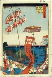 Ponte de Kanasugi e Shibaura (Cem Vistas Famosas de Edo) - Obra de Utagawa Hiroshige (1797-1858), gravura japonesa, ca 1858 - (Ponte de Kanasugi e Shibaura - (Cem Vistas Famosas de Edo), talha colorida de Utagawa Hiroshige, ca 1858) Eremita do Estado