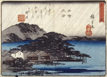 Chuva nocturna em Karasaki (impressão em bloco de madeira a cores)