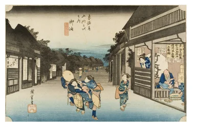 N.º 36 Goyu - Empregadas de mesa a pedir viajantes, Período Edo, c.1833-34 (xilogravura sobre papel)
