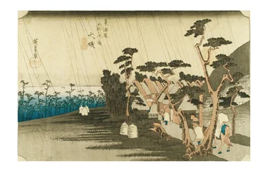 Oiso: A Chuva de Tora da série As Cinquenta e Três Estações do Tokaido, c.1831-1834 (xilogravura sobre papel)