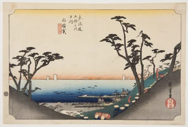 Shirasuka: Vista de Shiomizaka (Shirasuka, Shiomizaka zu) (impressão em bloco de madeira colorida)
