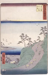 Estação 33, Shirasuga; Kyoka Tokaido Series (impressão em bloco de madeira a cores)