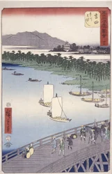 Estação 35, Yoshida; Kyoka Tokaido Series (figuras em primeiro plano) (impressão em bloco de madeira a cores)