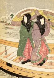 Mulheres que andam sobre uma ponte na neve, pub.c.1848 (impressão do woodblock da cor)