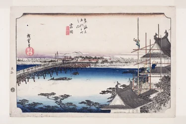 Yoshida: A Ponte do Rio Toyokawa (Yoshida, Toyokawabashi) (impressão em bloco de madeira colorida)