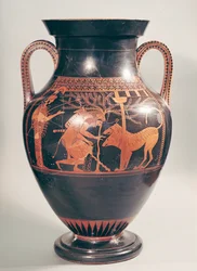 Ânfora ática de figuras vermelhas representando Héracles a capturar Cérbero, grega, de Atenas, século VI a.C.