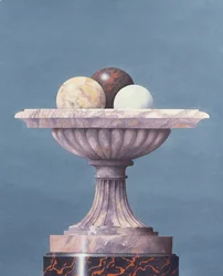 Vaso de mármore, bolas de mármore brancas, pretas e amarelas