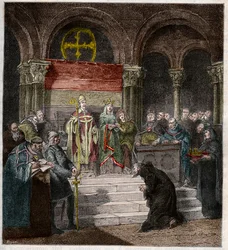Imperador Henri IV (1050-1106) aos pés do Papa Gregório VII (1020-85)