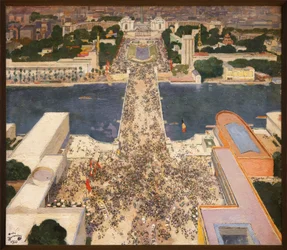 A exposição internacional de 1937 vista do segundo andar da Torre Eiffel. No sopé da colina de Chaillot, os pavilhões da União Soviética, à esquerda, e da Alemanha nazi, à direita, estão frente a frente. Pintura de André Devambez (1867-1944) -