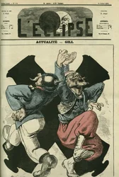 Na realidade, soldado prussiano e francês dançando em frente aos cânones da guerra franco-prussiana. Capa em "L