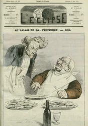 No palácio da penitência, caricatura do Presidente da República Adolphe Thiers (1797-1877). Capa em "L