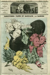 Cenouras, vidros e radicais, os diferentes partidos políticos em vegetais no pote do poder. Desenho em substituição do desenho animado de Gill, censuro. Capa em "L