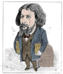Cartoon de Alphonse Daudet (1840-1897), escritor francês, representado com seus livros e seu monóculo no Institut de France, em Paris. Desenho de André Gill. Gravura em "Le Monde Illustré" (O Mundo Ilustrado)