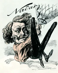 Desenho animado de Felix Nadar, pioneiro da fotografia aérea em 1858, aqui pendurado no seu balão (gravura)
