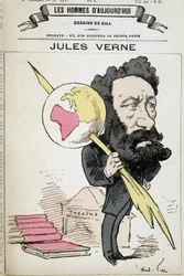 Jules Verne a beliscar a terra à sua pena - por Gill, em "Os homens de hoje"