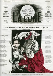 Le Beeuf gras et sa lamentte, ilustração de uma canção. Cartoon de Gill, em "La Lune", 3 de março