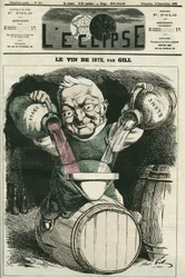 Le vin de 1872, ilustração de Adolphe Thiers misturando vinho branco e tinto (1797-1877), historiador e estadista francês. Capa em "L