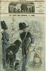 No dia dos mortos, Napoleão III (1808-1873) foi juiz diante de uma assembléia esqueleto para a derrota de Sedan. Capa em "L