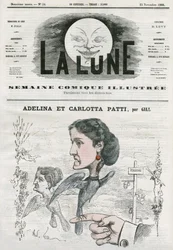 Retrato de Adelina (1843-1919) e Carlotta Patti (1835-1889), cantoras de ópera italianas. Cartoon de Gill, em "A Lua", 25 de novembro