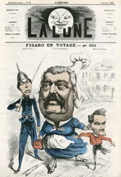 Retrato de Albert Wolff, Hippolyte de Villemessant (1812-1879) e Henri Rochefort (1831-1913), jornalistas do Figaro. Cartoon de Gill, em "A Lua", 3 de janeiro