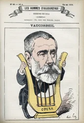 Retrato de Auguste Emmanuel Vaucorbeil (1821-1884), compositor francês e diretor da Ópera de Paris. Desenho animado de Gill, Paris.