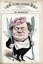 Retrato de Charles Monselet (1825-1888), poeta, jornalista, romancista e gastrônomo francês. Cartoon de Gill, em "Les Homme d