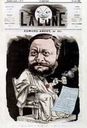 Retrato de Edmond About, escritor francês (1828-1885). Em La lune, 25/08/1867. Caricatura de Gill.